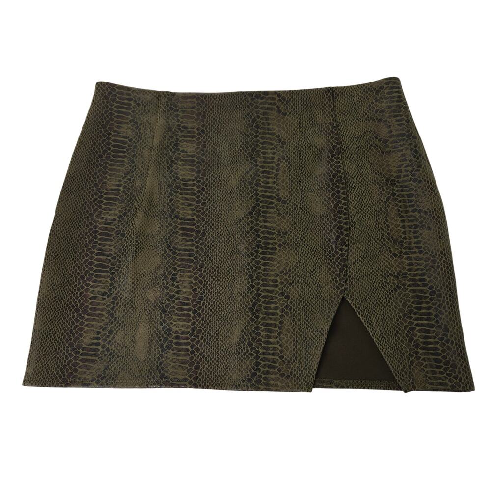 Akira EUC Vegan snakeskin print faux leather slit mini skirt Jr XL olive green